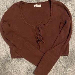 Brown, tie on, cardigan, cropped, long sleeve.